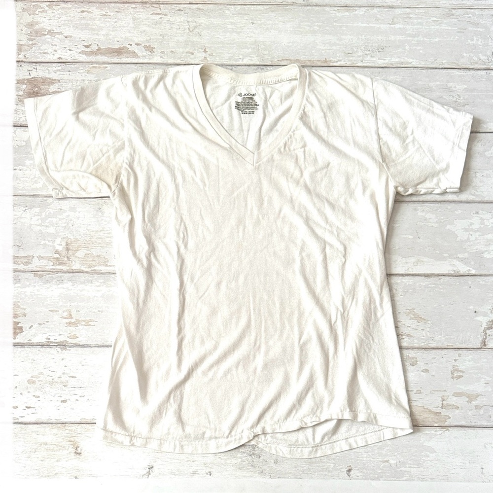 Men’s M Jockey Brand White Short Sleeve Vneck Shirt Size Medium 100% Cotton